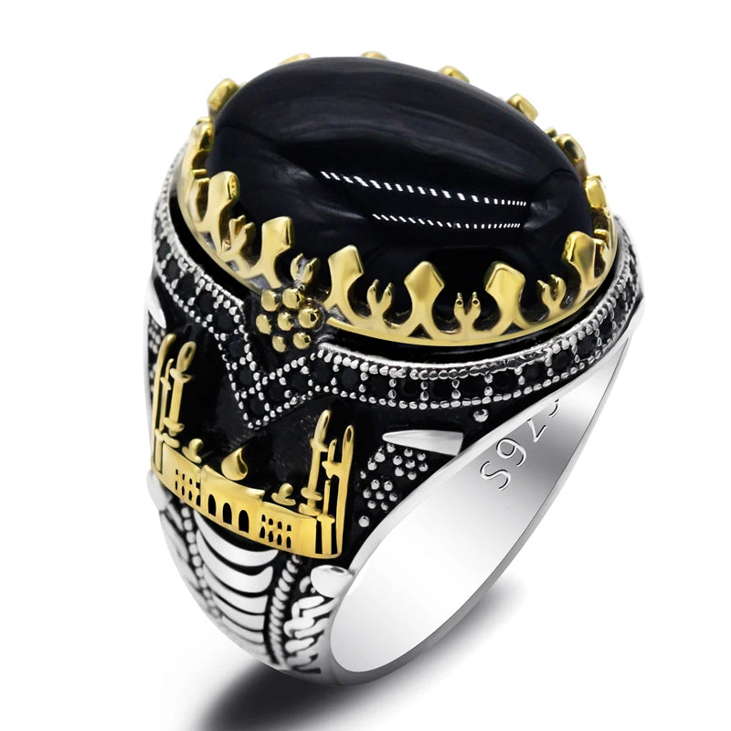 Black Natural Agate Stone Ring 925 Silver Men's Ring Castle Turkish Constantinople Auspicious Vintage Signet Ring Track Wedding