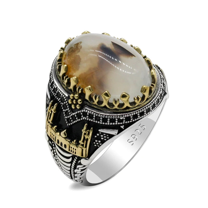 Black Natural Agate Stone Ring 925 Silver Men's Ring Castle Turkish Constantinople Auspicious Vintage Signet Ring Track Wedding