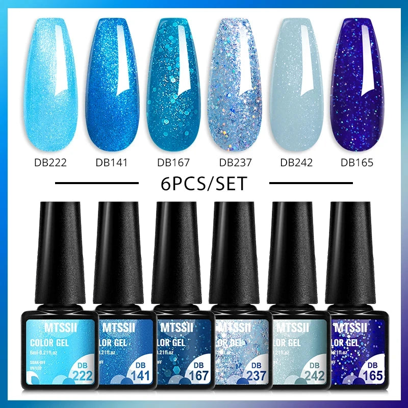 6Pcs/Set Blue Glitter Bright Gel Nail Polish Set Semi Permanent Spring Summer Colors Series Soak Off UV Nail Art Gel Varnish