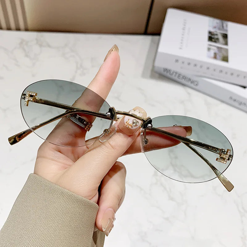 Elegant Diamond Oval Sunglasses Male Letter "F" Rimless Sunglasses Female
