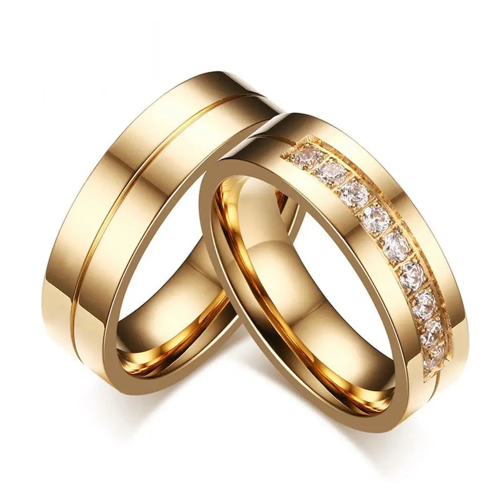 Fashion AAA CZ Women Men Love Cubic Zirconia Wedding Band Ring 18K Gold Plated Stainless Steel