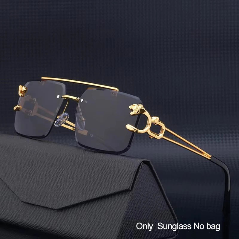 Fashion Leopard Rimless Sunglasses Double Bridges Gradient Ocean Film Shades UV400