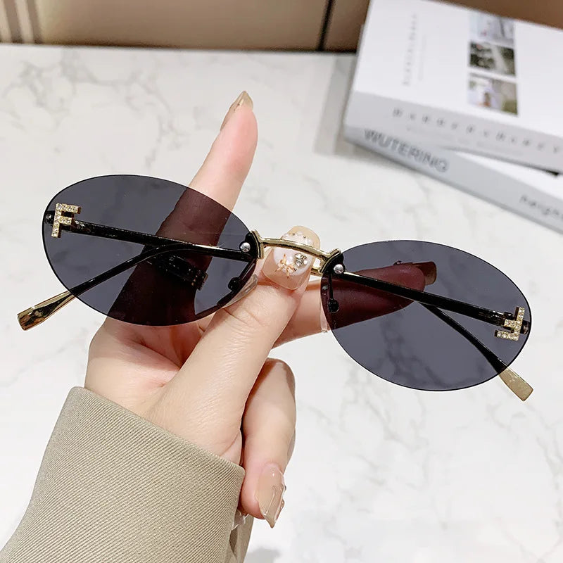 Elegant Diamond Oval Sunglasses Male Letter "F" Rimless Sunglasses Female