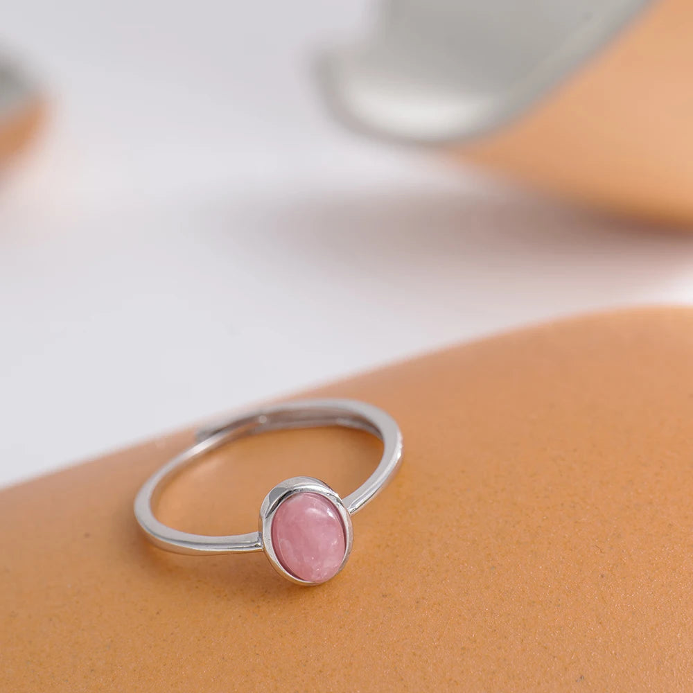 Stackable S925 Silver Women's Ring Romantic Pink Rhodochrosite Rose Quartz Natural Heart Chakra Jewelry for Her Daily Wear