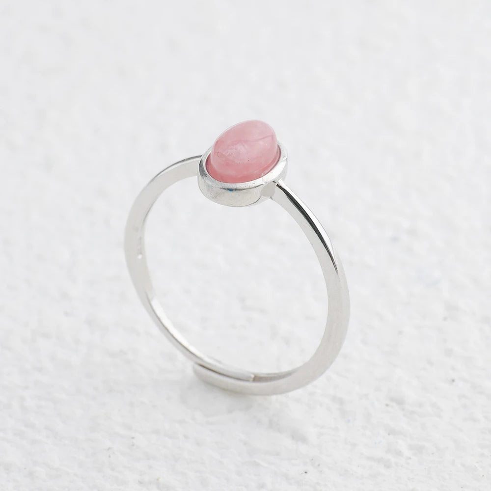 Stackable S925 Silver Women's Ring Romantic Pink Rhodochrosite Rose Quartz Natural Heart Chakra Jewelry for Her Daily Wear
