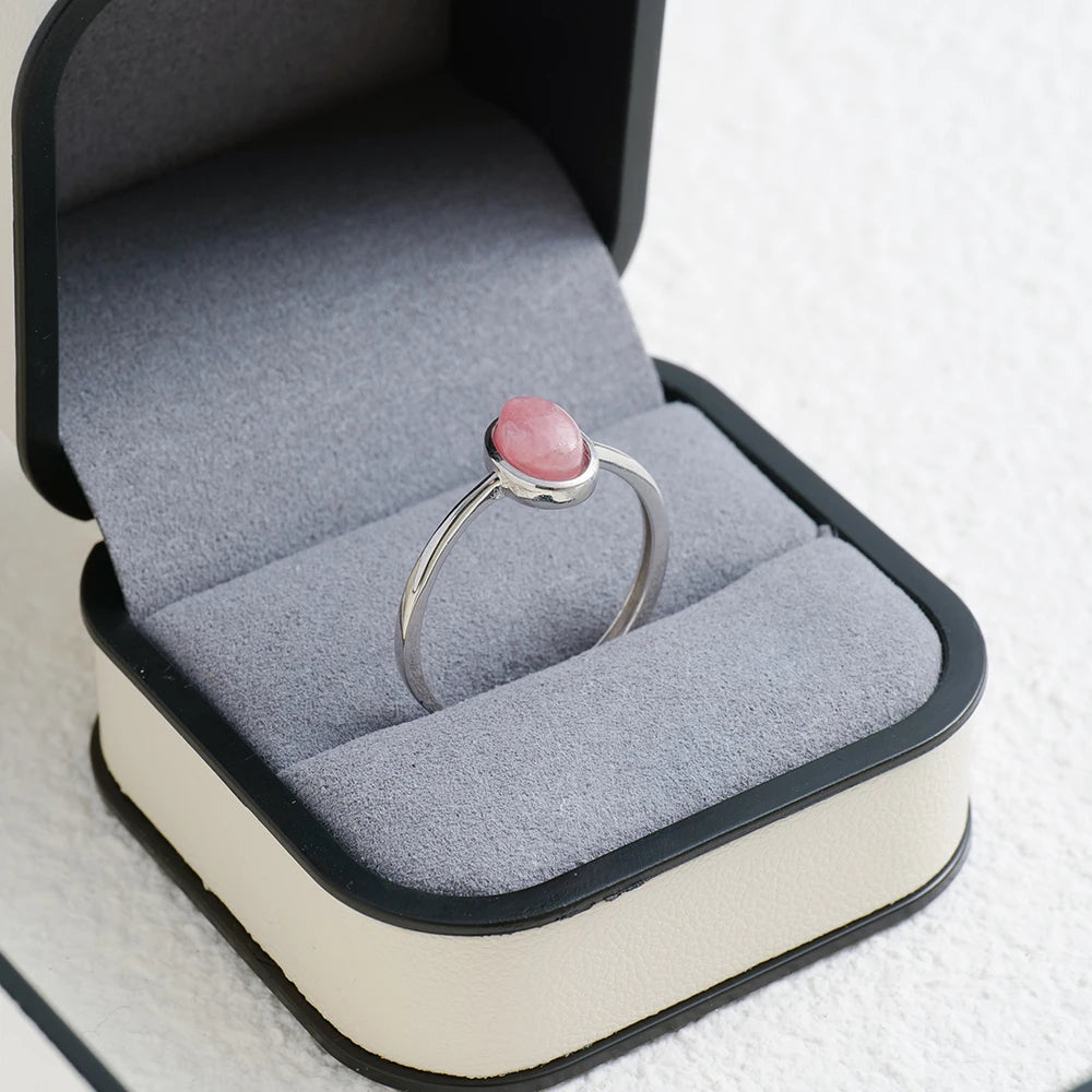 Stackable S925 Silver Women's Ring Romantic Pink Rhodochrosite Rose Quartz Natural Heart Chakra Jewelry for Her Daily Wear