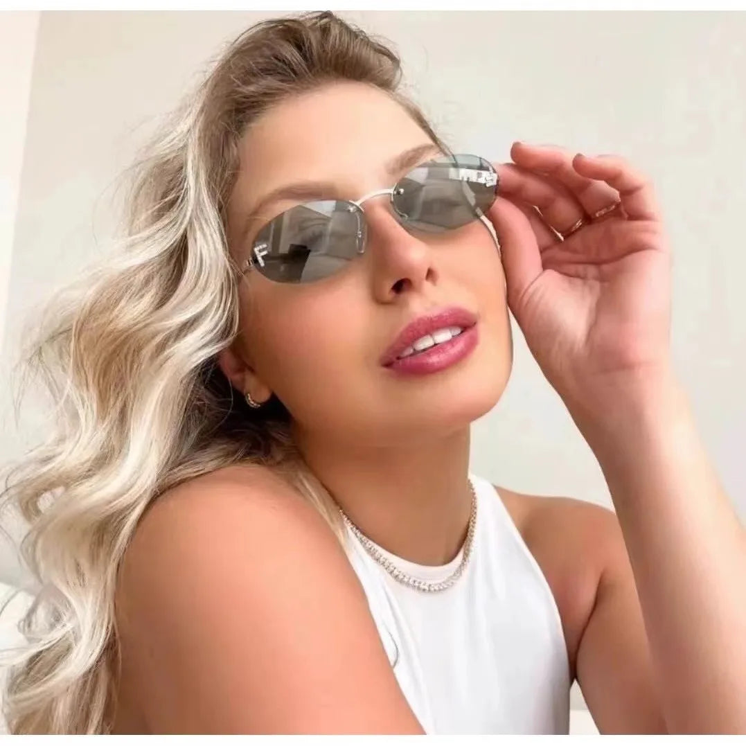 Elegant Diamond Oval Sunglasses Male Letter "F" Rimless Sunglasses Female