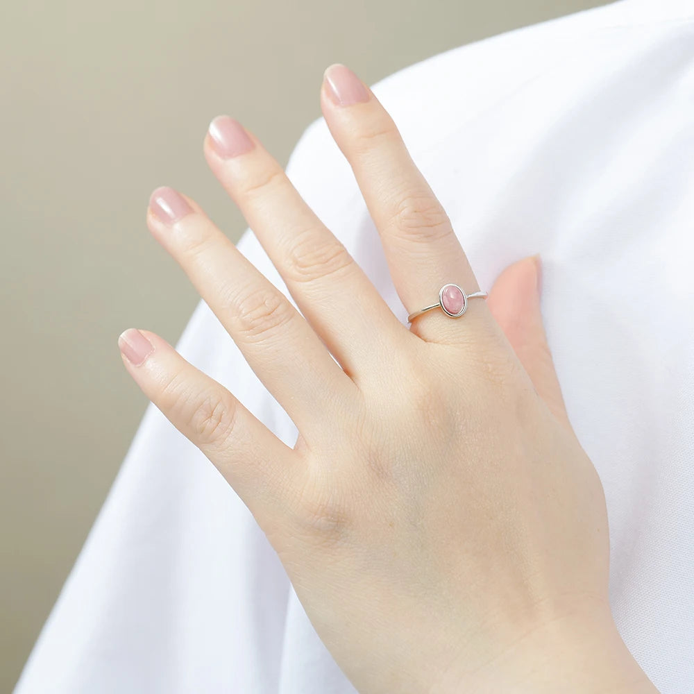 Stackable S925 Silver Women's Ring Romantic Pink Rhodochrosite Rose Quartz Natural Heart Chakra Jewelry for Her Daily Wear