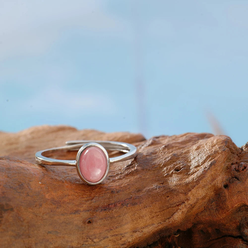 Stackable S925 Silver Women's Ring Romantic Pink Rhodochrosite Rose Quartz Natural Heart Chakra Jewelry for Her Daily Wear