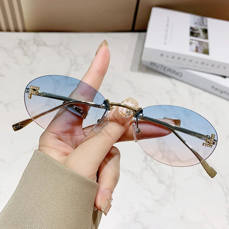 Elegant Diamond Oval Sunglasses Male Letter "F" Rimless Sunglasses Female