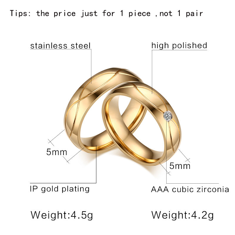 18K stainless steel couple rings with zircon