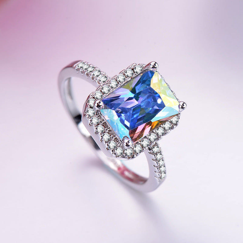 Princess rectangular diamonds with colorful zircon rings