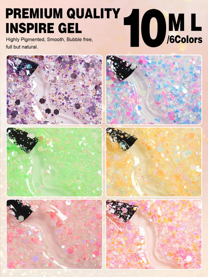YOKEFELLOW 6Pcs Gel Nail Polish Set 10ML Summer Glitter Gel Polish Macaron Rainbow Colors 2024 Gel Polish Kit Trendy Nail Art