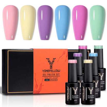 YOKEFELLOW 6Pcs Gel Nail Polish Set 10ML Summer Glitter Gel Polish Macaron Rainbow Colors 2024 Gel Polish Kit Trendy Nail Art
