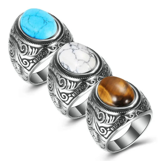 HNSP 316L Stainless Steel Natural Stone Ring For Men Women Vintage Jewelry Tiger Eyes Rings Male Finger Accessories Gifts