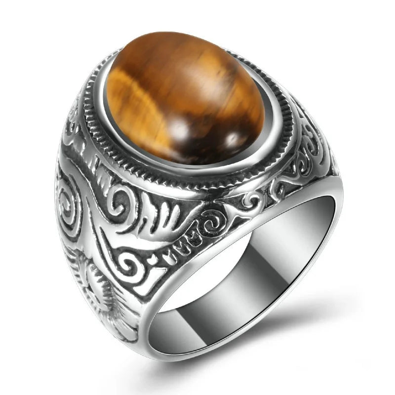 HNSP 316L Stainless Steel Natural Stone Ring For Men Women Vintage Jewelry Tiger Eyes Rings Male Finger Accessories Gifts