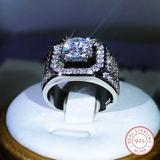 Luxury 925 Sterling Silver Men Couple AAA Crystal Zircon Stone Wedding Ring Brilliant Noble Engagement Engage Party Rings with 9