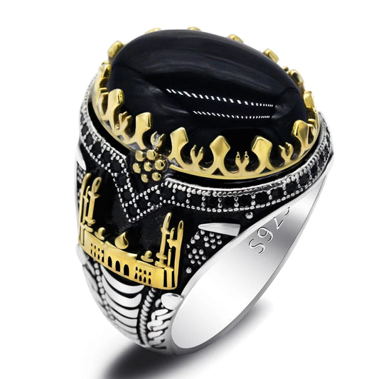 Black Natural Agate Stone Ring 925 Silver Men's Ring Castle Turkish Constantinople Auspicious Vintage Signet Ring Track Wedding