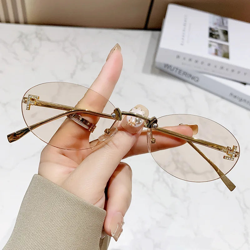 Elegant Diamond Oval Sunglasses Male Letter "F" Rimless Sunglasses Female