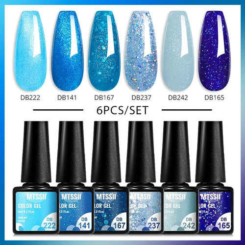 6Pcs/Set Blue Glitter Bright Gel Nail Polish Set Semi Permanent Spring Summer Colors Series Soak Off UV Nail Art Gel Varnish