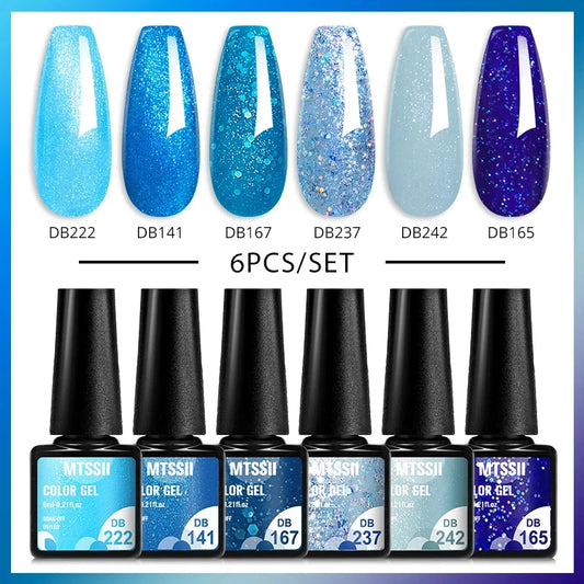 6Pcs/Set Blue Glitter Bright Gel Nail Polish Set Semi Permanent Spring Summer Colors Series Soak Off UV Nail Art Gel Varnish