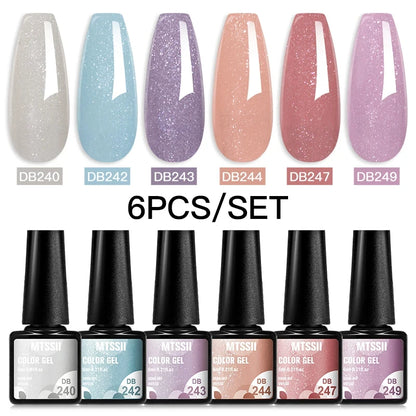 6Pcs/Set Blue Glitter Bright Gel Nail Polish Set Semi Permanent Spring Summer Colors Series Soak Off UV Nail Art Gel Varnish