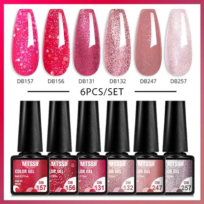 6Pcs/Set Blue Glitter Bright Gel Nail Polish Set Semi Permanent Spring Summer Colors Series Soak Off UV Nail Art Gel Varnish