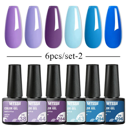 6Pcs/Set Blue Glitter Bright Gel Nail Polish Set Semi Permanent Spring Summer Colors Series Soak Off UV Nail Art Gel Varnish