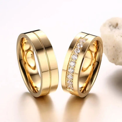 Fashion AAA CZ Women Men Love Cubic Zirconia Wedding Band Ring 18K Gold Plated Stainless Steel