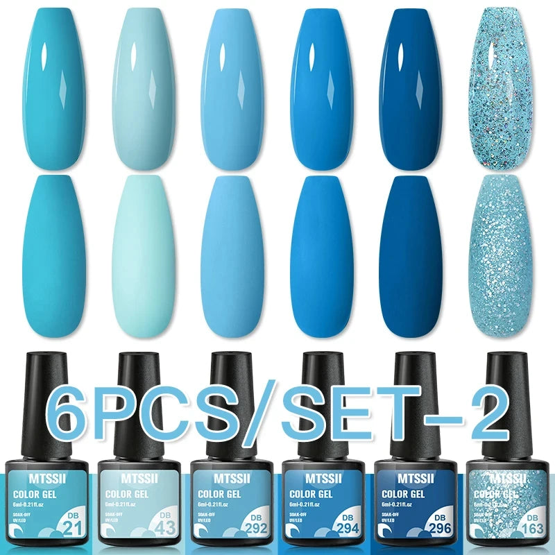 6Pcs/Set Blue Glitter Bright Gel Nail Polish Set Semi Permanent Spring Summer Colors Series Soak Off UV Nail Art Gel Varnish