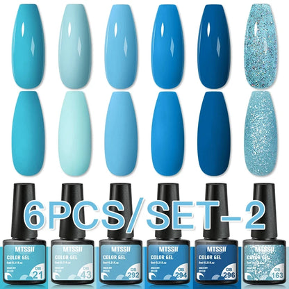 6Pcs/Set Blue Glitter Bright Gel Nail Polish Set Semi Permanent Spring Summer Colors Series Soak Off UV Nail Art Gel Varnish