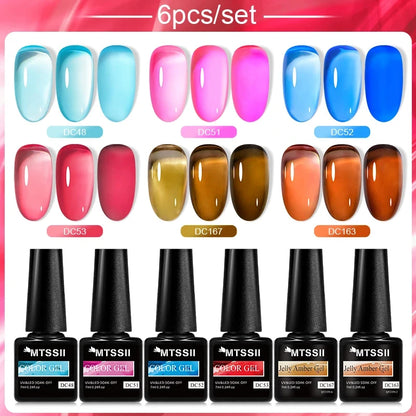 6Pcs/Set Blue Glitter Bright Gel Nail Polish Set Semi Permanent Spring Summer Colors Series Soak Off UV Nail Art Gel Varnish