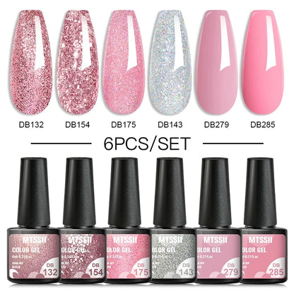 6Pcs/Set Blue Glitter Bright Gel Nail Polish Set Semi Permanent Spring Summer Colors Series Soak Off UV Nail Art Gel Varnish