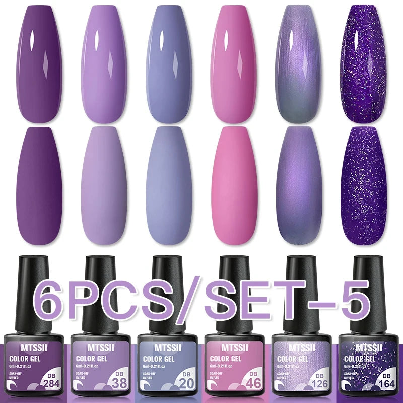 6Pcs/Set Blue Glitter Bright Gel Nail Polish Set Semi Permanent Spring Summer Colors Series Soak Off UV Nail Art Gel Varnish