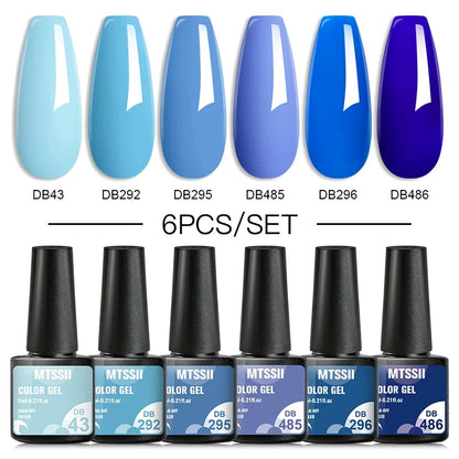 6Pcs/Set Blue Glitter Bright Gel Nail Polish Set Semi Permanent Spring Summer Colors Series Soak Off UV Nail Art Gel Varnish