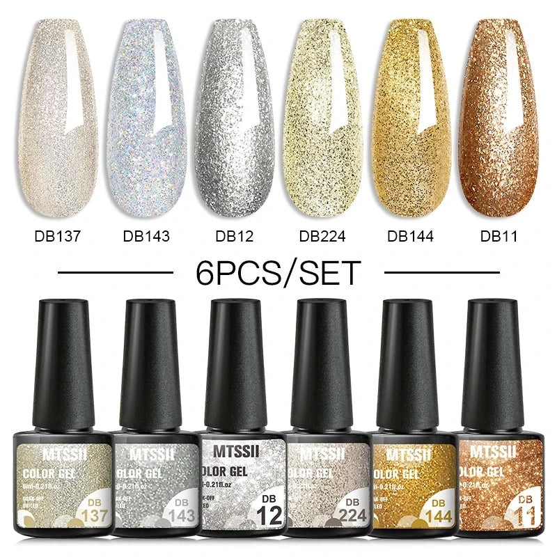 6Pcs/Set Blue Glitter Bright Gel Nail Polish Set Semi Permanent Spring Summer Colors Series Soak Off UV Nail Art Gel Varnish