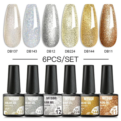 6Pcs/Set Blue Glitter Bright Gel Nail Polish Set Semi Permanent Spring Summer Colors Series Soak Off UV Nail Art Gel Varnish