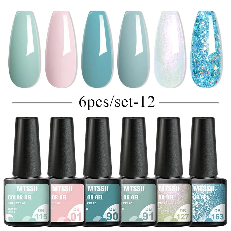 6Pcs/Set Blue Glitter Bright Gel Nail Polish Set Semi Permanent Spring Summer Colors Series Soak Off UV Nail Art Gel Varnish