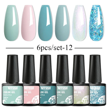 6Pcs/Set Blue Glitter Bright Gel Nail Polish Set Semi Permanent Spring Summer Colors Series Soak Off UV Nail Art Gel Varnish