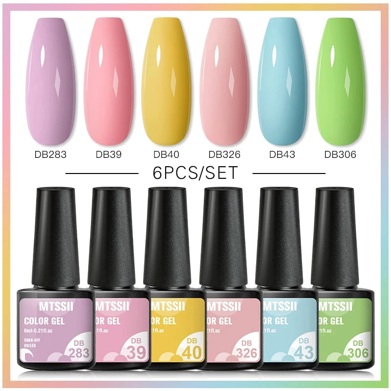 6Pcs/Set Blue Glitter Bright Gel Nail Polish Set Semi Permanent Spring Summer Colors Series Soak Off UV Nail Art Gel Varnish