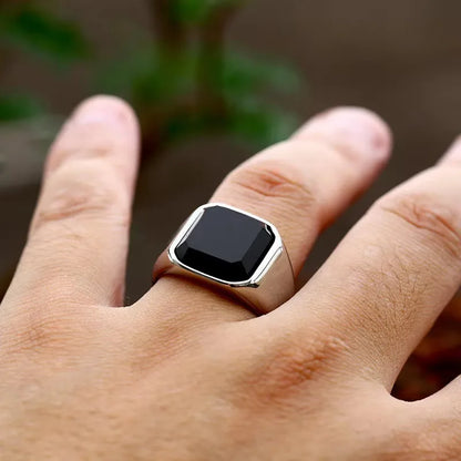 European and American fashion retro domineering simple square agate inlaid personalized versatile men's ring