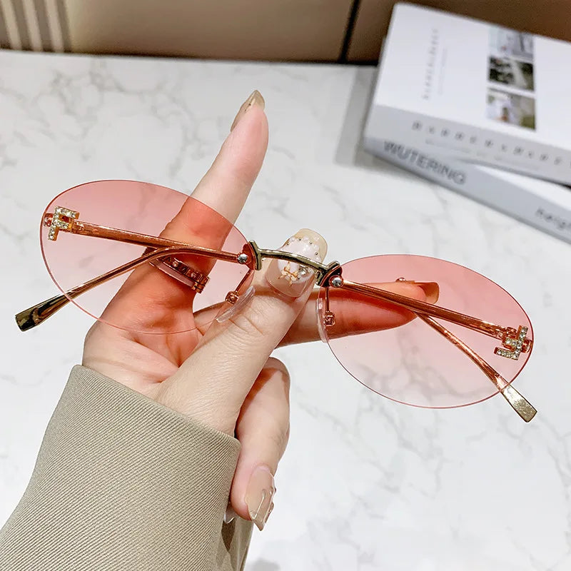 Elegant Diamond Oval Sunglasses Male Letter "F" Rimless Sunglasses Female