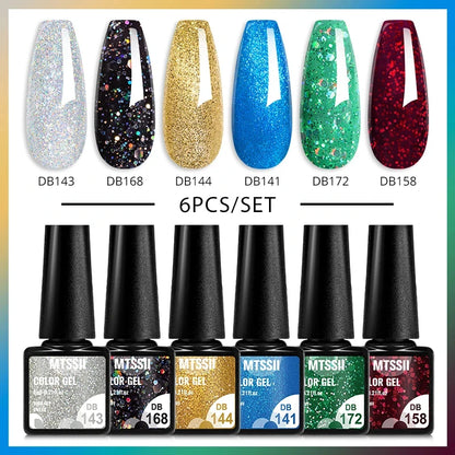 6Pcs/Set Blue Glitter Bright Gel Nail Polish Set Semi Permanent Spring Summer Colors Series Soak Off UV Nail Art Gel Varnish