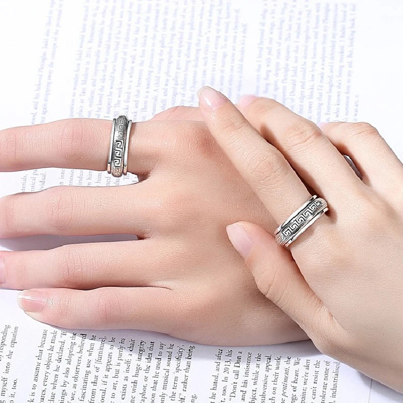Factory Price S925 Sterling Silver Great Wall Pattern Spinner Ring Men Women Real Silver Double-layer Rotatable Rings Jewelry