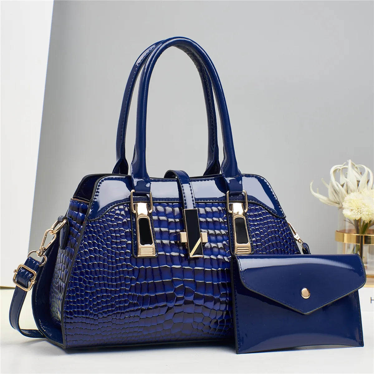 Luxury Brand Crocodile Women Tote Bag Bright Leather Women Handbag Purse Shoulder Bag Female Top-handle Bags Commuting Shopping