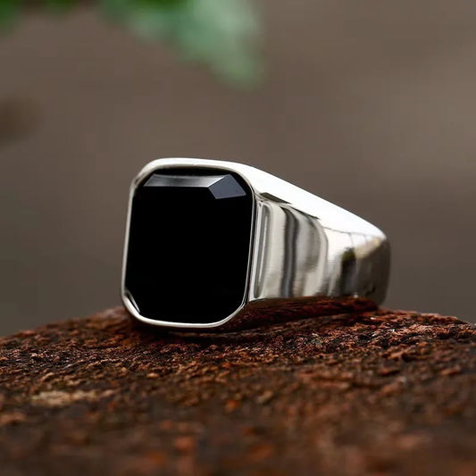 European and American fashion retro domineering simple square agate inlaid personalized versatile men's ring