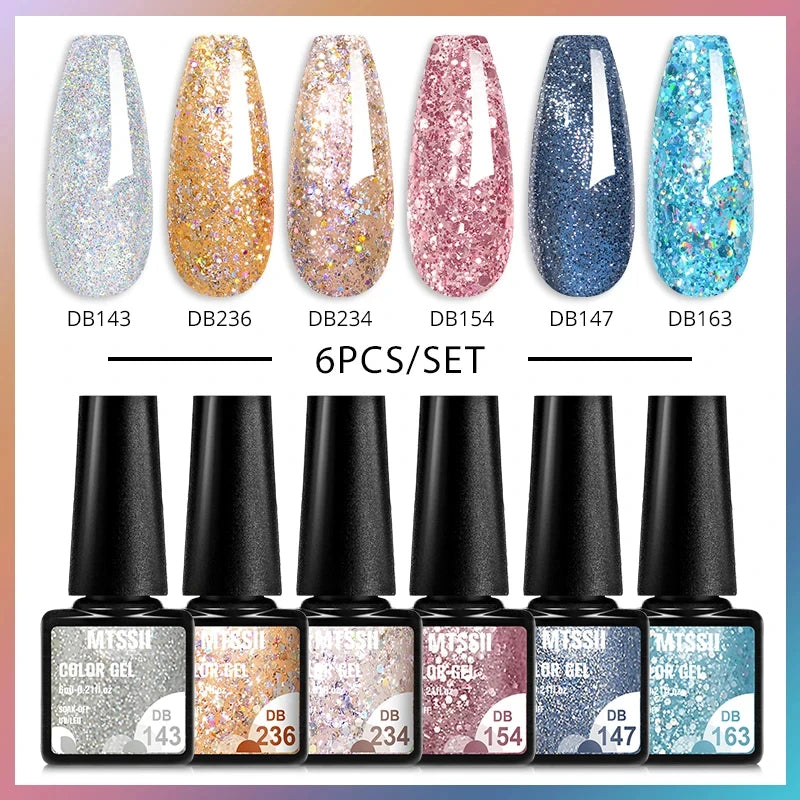 6Pcs/Set Blue Glitter Bright Gel Nail Polish Set Semi Permanent Spring Summer Colors Series Soak Off UV Nail Art Gel Varnish