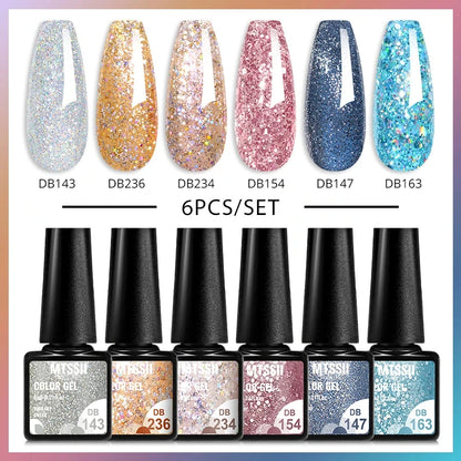 6Pcs/Set Blue Glitter Bright Gel Nail Polish Set Semi Permanent Spring Summer Colors Series Soak Off UV Nail Art Gel Varnish