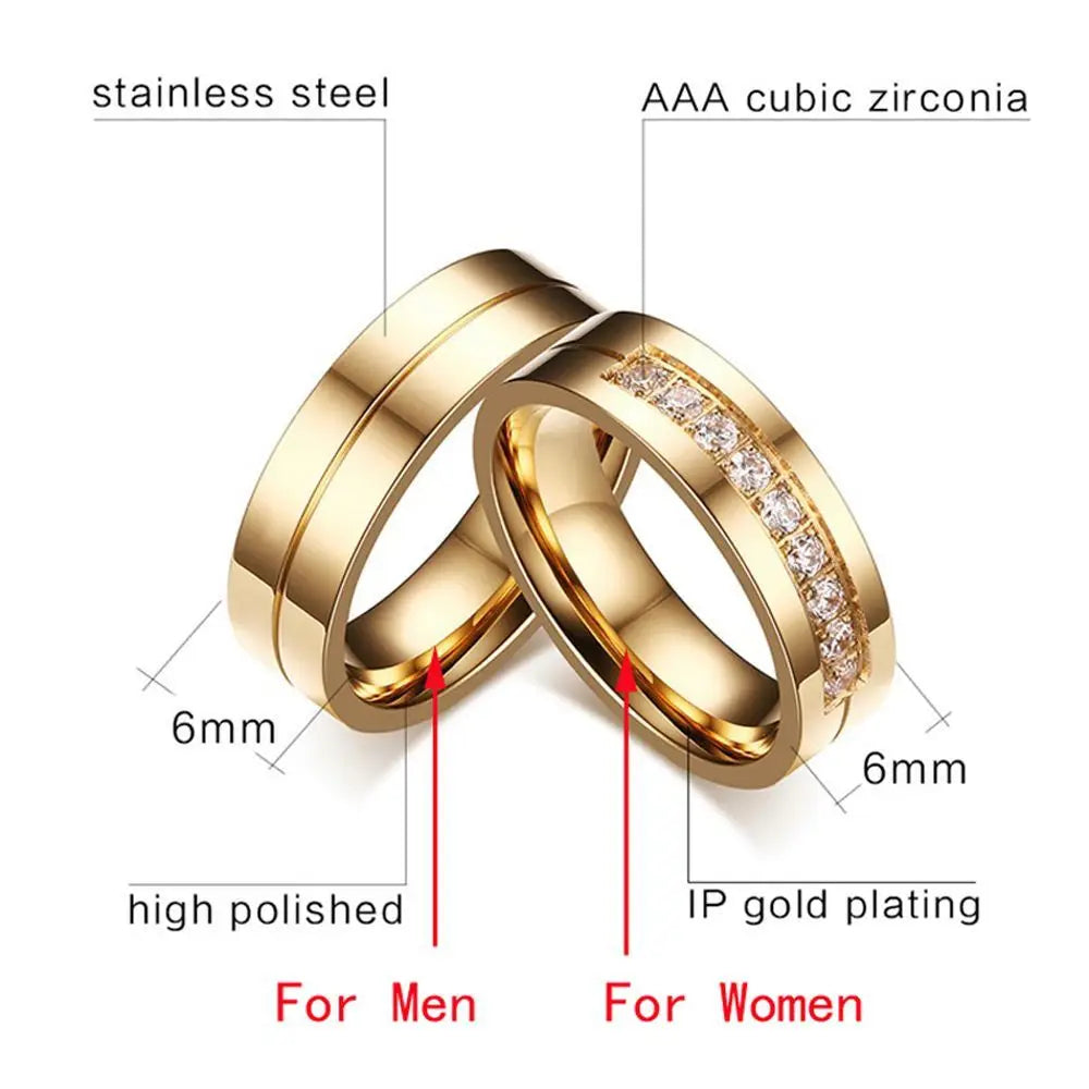 Fashion AAA CZ Women Men Love Cubic Zirconia Wedding Band Ring 18K Gold Plated Stainless Steel