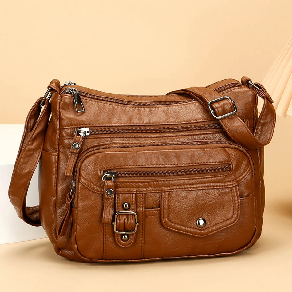 Retro Soft Pu Leather Crossbody Bags for Women 2025 Female Multi Pocket Shoulder Bag Purses and Handbags Designer Messenger Sac